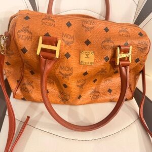 MCM Visetos Cognac Leather Satchel Bag